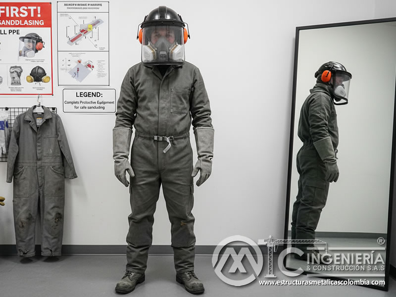 Equipo de Protección Personal completo para sandblasting seguro. Bogotá, Colombia. Montajes, Ingeniería y Construcción. MIC SAS.