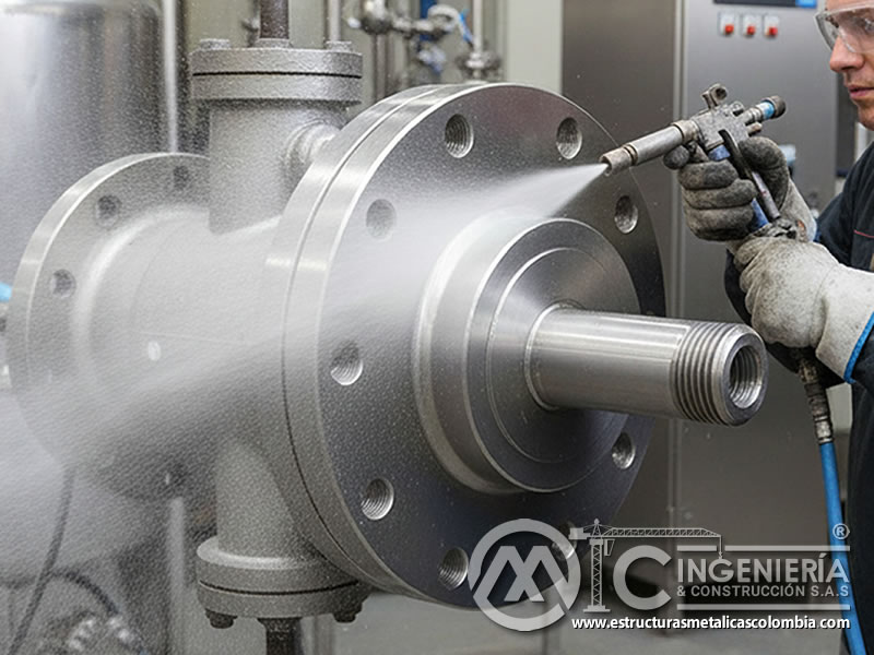 Limpieza de acero inoxidable de alta resistencia con óxido de aluminio. Bogotá, Colombia. Montajes, Ingeniería y Construcción. MIC SAS.