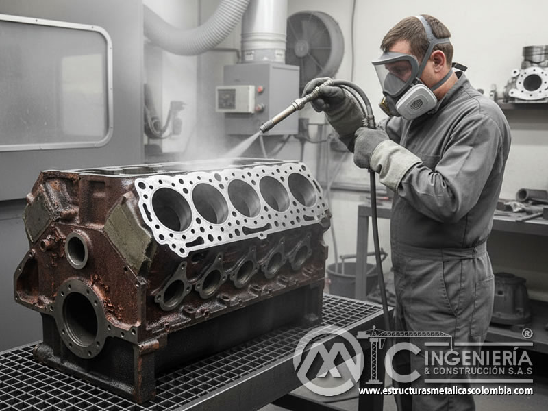 Limpieza de componentes automotrices de hierro fundido con óxido de aluminio. Bogotá, Colombia. Montajes, Ingeniería y Construcción. MIC SAS.