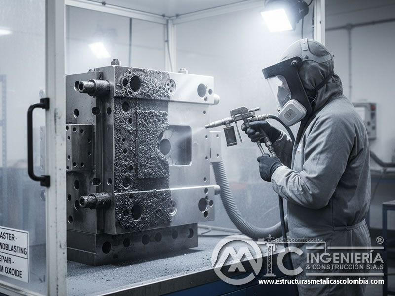 Limpieza de molde de inyección plástica con óxido de aluminio para reparación y mantenimiento. Bogotá, Colombia. Montajes, Ingeniería y Construcción. MIC SAS.