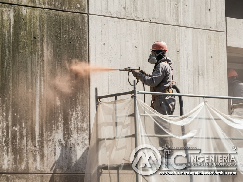 Limpieza y restauración de fachada de hormigón con óxido de aluminio. Bogotá, Colombia. Montajes, Ingeniería y Construcción. MIC SAS.