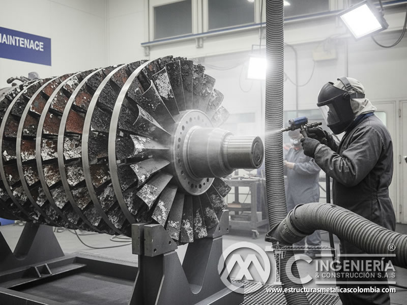 Limpieza de rotor de turbina industrial con óxido de aluminio para mantenimiento especializado. Bogotá, Colombia. Montajes, Ingeniería y Construcción. MIC SAS.