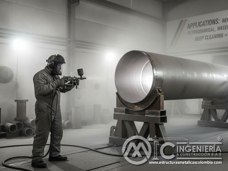 Limpieza de tubería industrial grande con óxido de aluminio. Bogotá, Colombia. Montajes, Ingeniería y Construcción. MIC SAS.