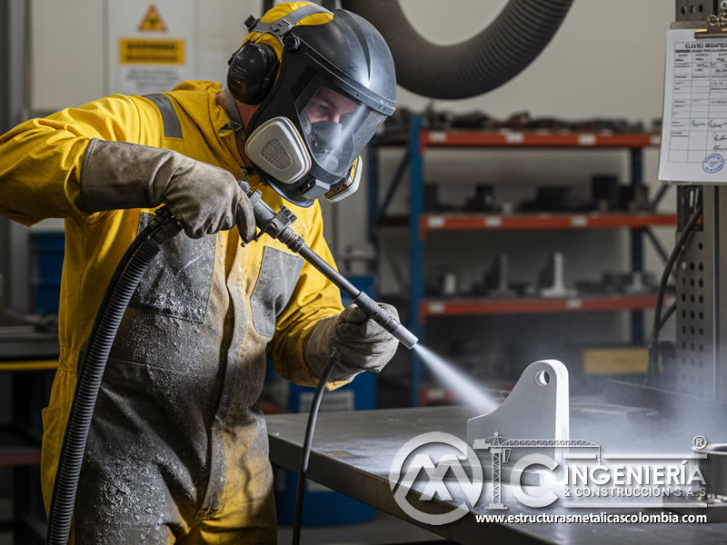 Preparación de acero marino con sandblasting para soldadura submarina de precisión. Bogotá, Colombia. Montajes, Ingeniería y Construcción. MIC SAS.