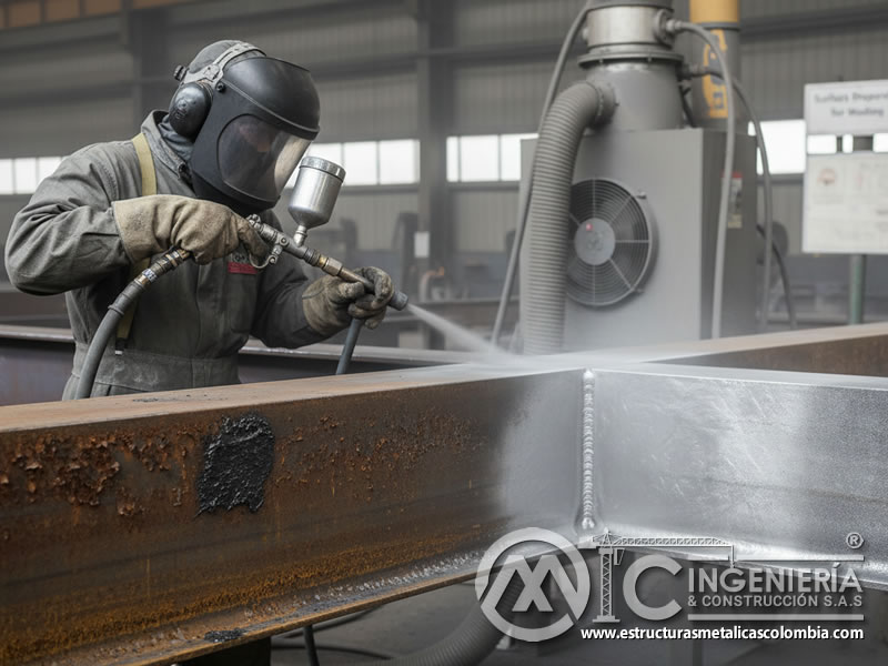 Preparación de componente de acero con óxido de aluminio para soldadura de alta calidad. Bogotá, Colombia. Montajes, Ingeniería y Construcción. MIC SAS.