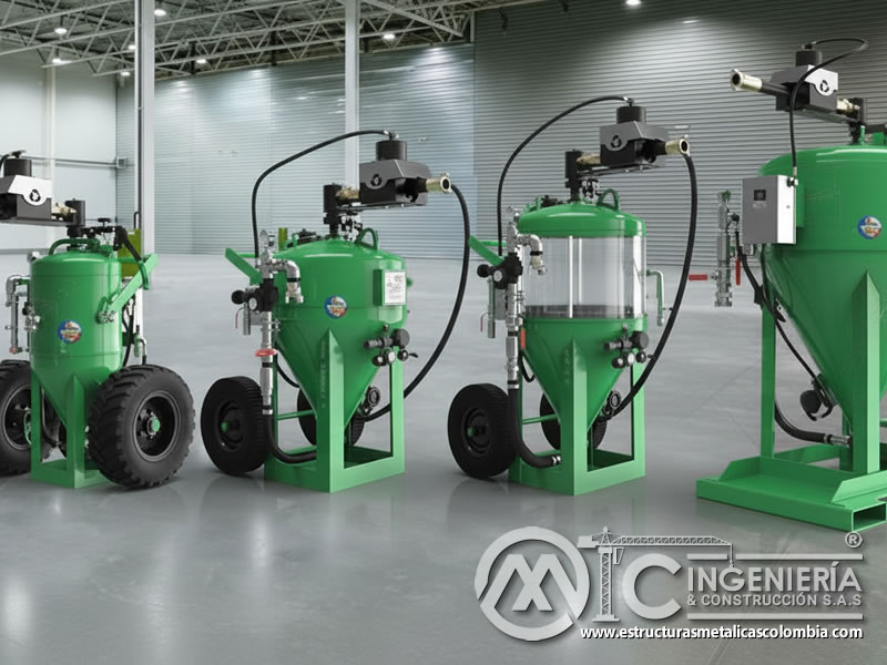Equipos portátiles de sandblasting a presión para abrasivos plásticos. Bogotá, Colombia. Montajes, Ingeniería y Construcción. MIC SAS.