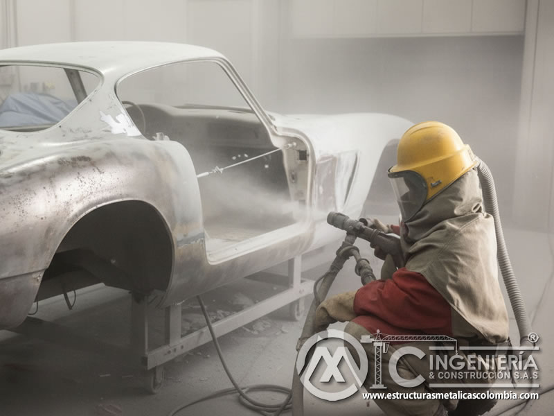 Granallado plástico en carrocería de automóvil clásico blanco. Bogotá, Colombia. Montajes, Ingeniería y Construcción. MIC SAS.