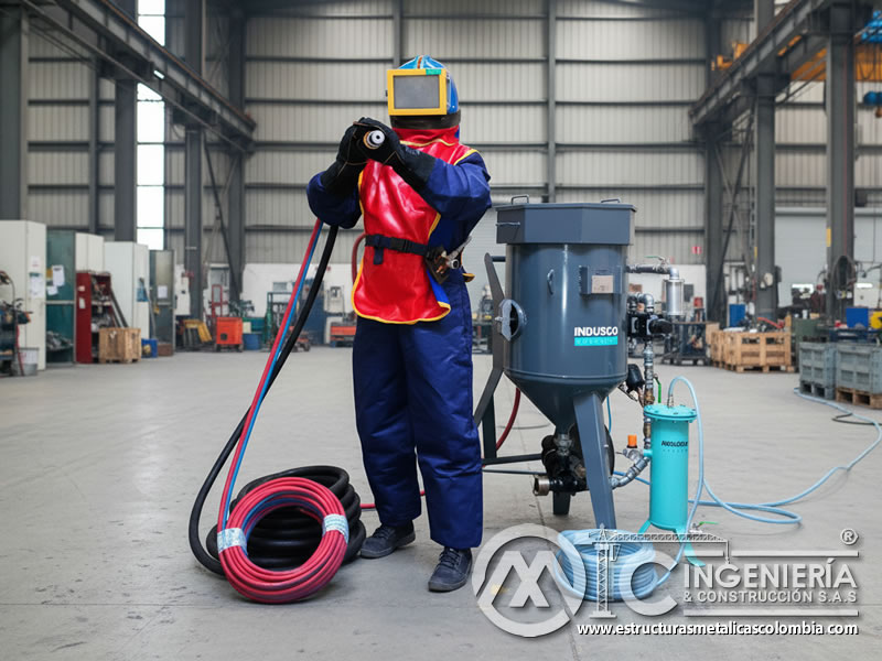 Operario con equipo de sandblasting Indusco en bodega industrial. Bogotá, Colombia. Montajes, Ingeniería y Construcción. MIC SAS.