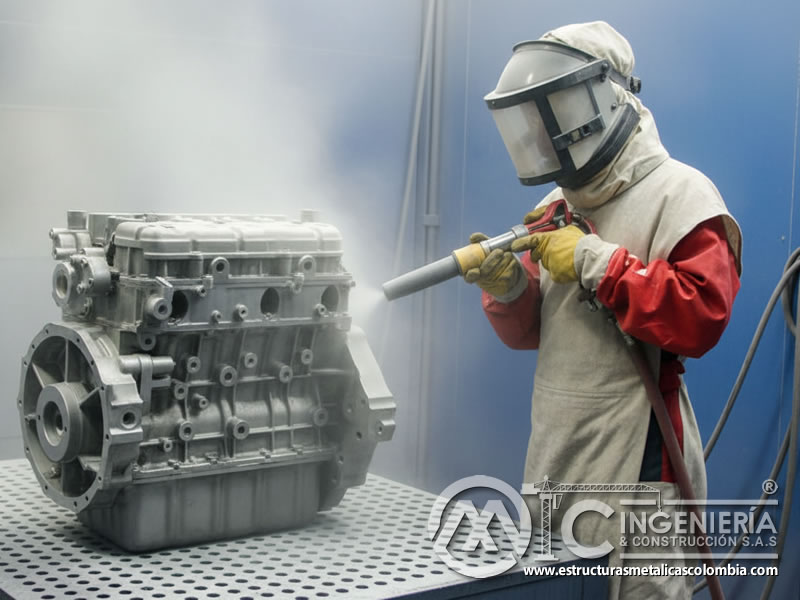Sandblasting plástico en limpieza de bloque de motor industrial. Bogotá, Colombia. Montajes, Ingeniería y Construcción. MIC SAS.