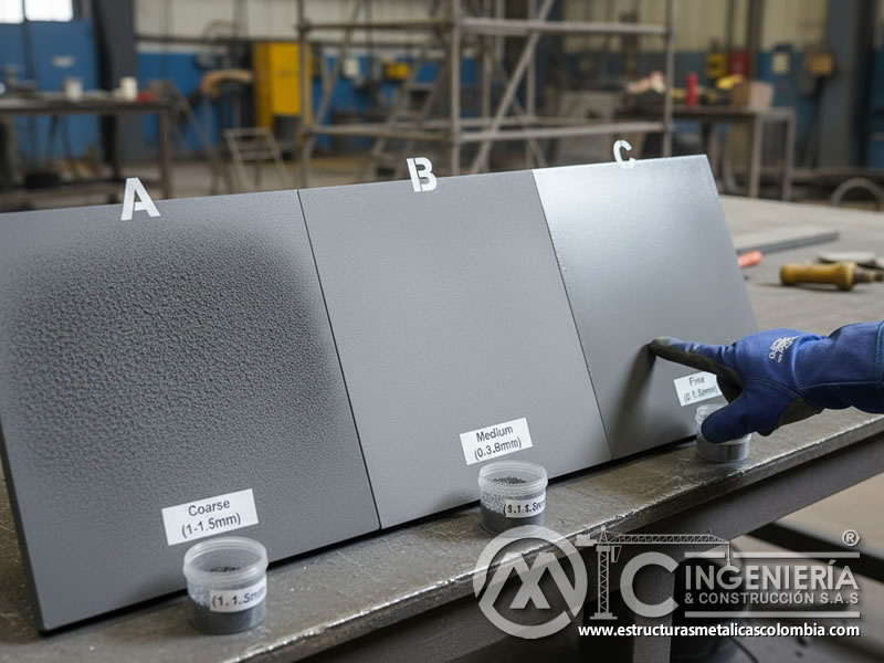 Acabados superficiales diferentes según granulometría de vidrio. Bogotá, Colombia. Montajes, Ingeniería y Construcción. MIC SAS.