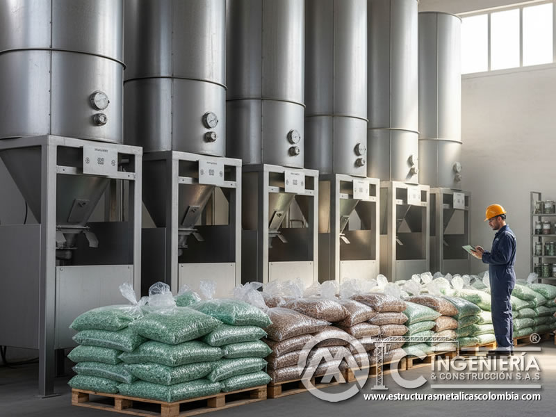 Almacenamiento clasificado de vidrio triturado en sacos por granulometría. Bogotá, Colombia. Montajes, Ingeniería y Construcción. MIC SAS.