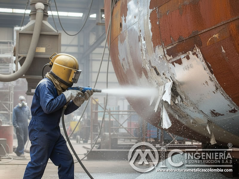 Eliminación de óxido y corrosión en estructura metálica con vidrio triturado. Bogotá, Colombia. Montajes, Ingeniería y Construcción. MIC SAS.