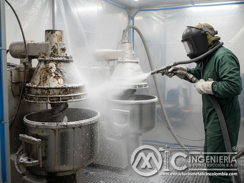 Limpieza de equipo industrial alimentario con vidrio triturado. Bogotá, Colombia. Montajes, Ingeniería y Construcción. MIC SAS.