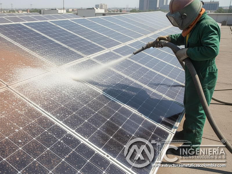 Limpieza sin daño de paneles solares con vidrio triturado. Bogotá, Colombia. Montajes, Ingeniería y Construcción. MIC SAS.