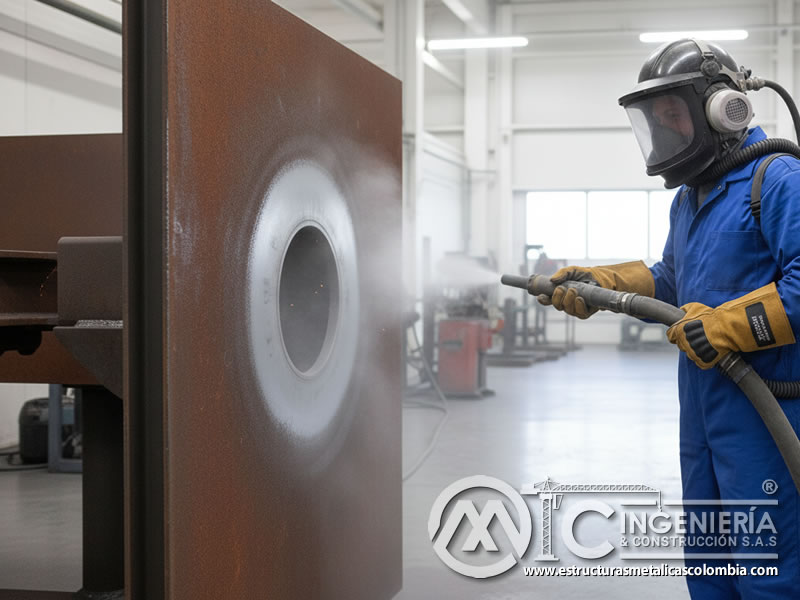 Operario completamente equipado con EPP para sandblasting seguro. Bogotá, Colombia. Montajes, Ingeniería y Construcción. MIC SAS.