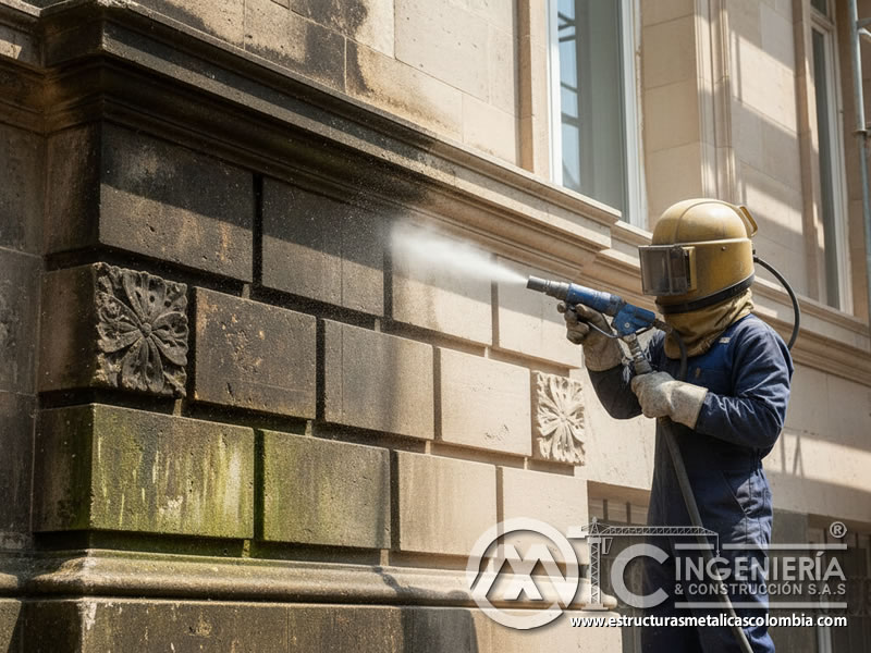 Restauración delicada de monumento histórico con vidrio triturado. Bogotá, Colombia. Montajes, Ingeniería y Construcción. MIC SAS.