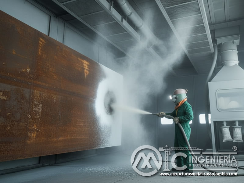 Sistema de control de polvo en cabina de sandblasting con vidrio. Bogotá, Colombia. Montajes, Ingeniería y Construcción. MIC SAS.