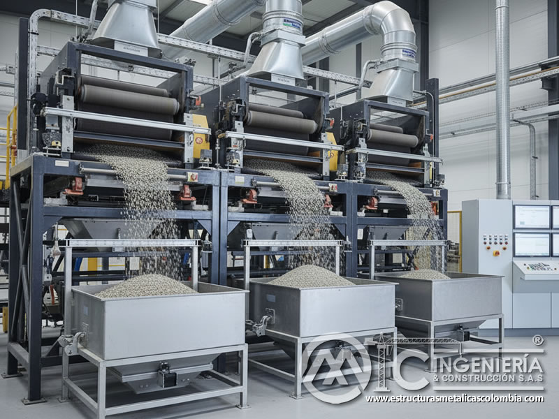Sistema de cribado y clasificación de vidrio triturado por tamaño de partícula. Bogotá, Colombia. Montajes, Ingeniería y Construcción. MIC SAS.