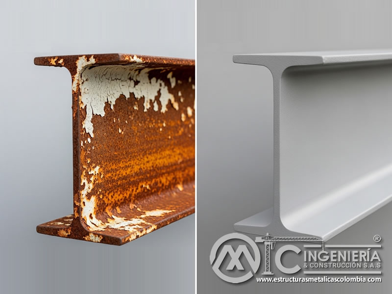 Transformación de viga oxidada a superficie restaurada con vidrio. Bogotá, Colombia. Montajes, Ingeniería y Construcción. MIC SAS.